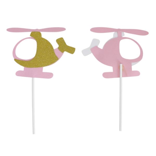 MATERIALS FOR CRAFT AND DECORATION - TOPPER FROM CARTON - HELICOPTER 01 GLITTER - 10x15.3cm - GOLD AND PINK - 2pcs.