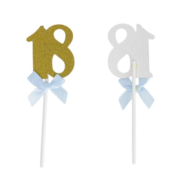 MATERIALS FOR CRAFT AND DECORATION - TOPPER FROM CARTON - NUMBER 18 GLITTER - 4.5x14cm - GOLD AND BLUE (LIGHT) - PACKAGE 12pcs.