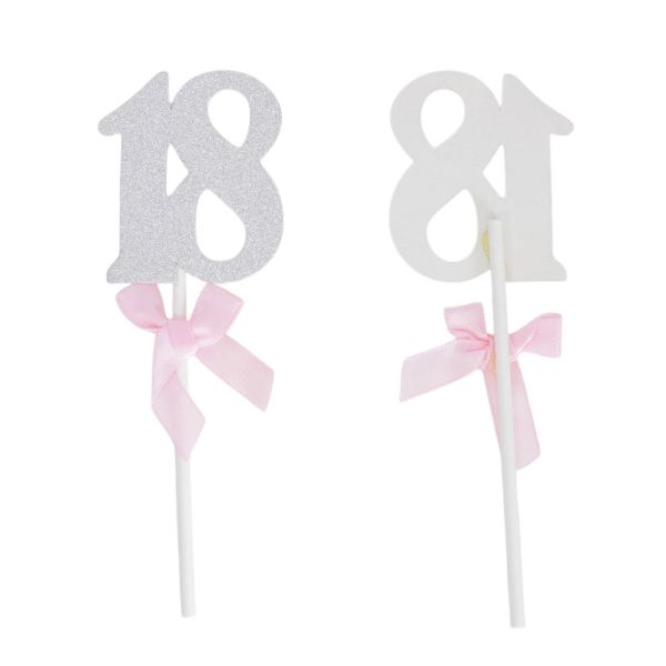 MATERIALS FOR CRAFT AND DECORATION - TOPPER FROM CARTON - NUMBER 18 GLITTER - 4.5x14cm - SILVER AND PINK (LIGHT) - PACKAGE 12pcs.
