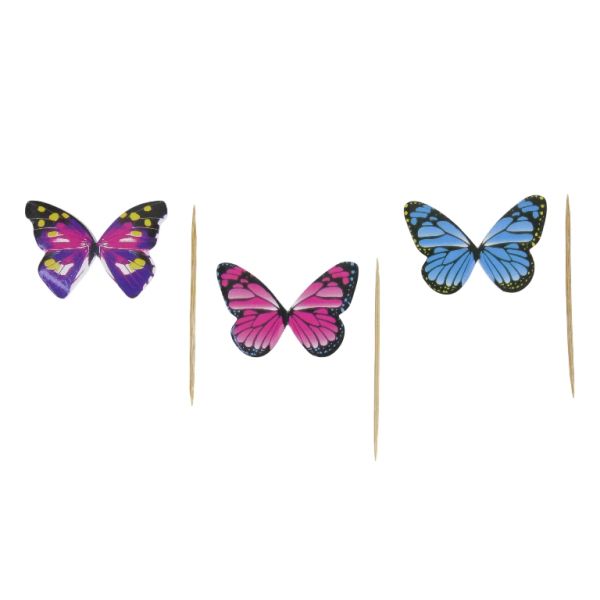 MATERIALS FOR CRAFT AND DECORATION - TOPPER FROM CARTON AND FOAM - BUTTERFLIES 01 - 4.5x3cm - PINK-BLUE-YELLOW - PACKAGE (6x12pcs.)