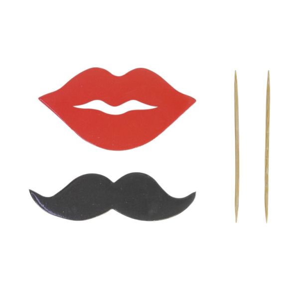MATERIALS FOR CRAFT AND DECORATION - TOPPER FROM CARTON AND FOAM - LIPS AND MUSTACHES 01 - 7x2-6x4cm - RED-WHITE-BLACK - 12pcs.