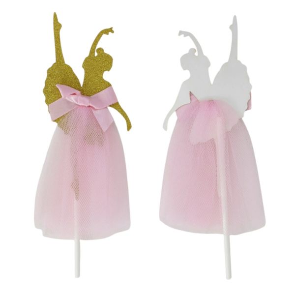 MATERIALS FOR CRAFT AND DECORATION - TOPPER FROM CARTON AND TEXTILE - BALLERINA 01 - 5.5x14.5cm - GOLD AND PINK - PACKAGE 12pcs.