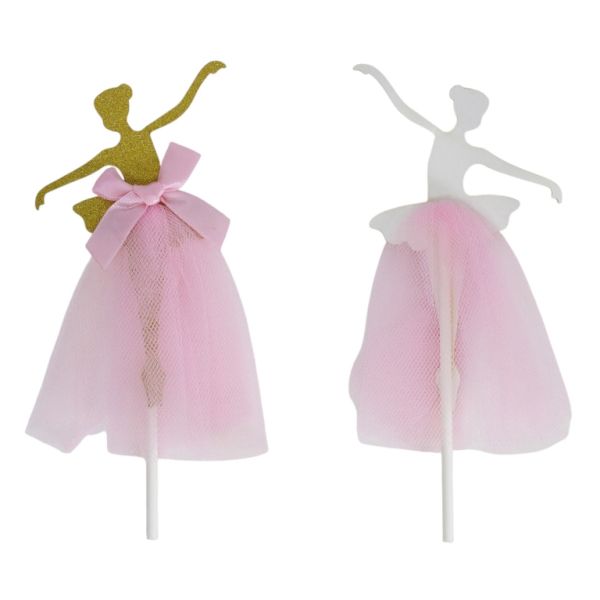 MATERIALS FOR CRAFT AND DECORATION - TOPPER FROM CARTON AND TEXTILE - BALLERINA 02 - 7x14cm - GOLD AND PINK (LIGHT) - 1pcs.