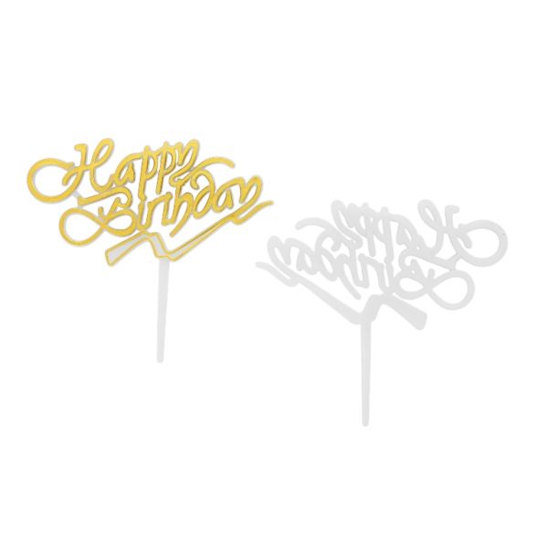 MATERIALS FOR CRAFT AND DECORATION - TOPPER FROM PLASTIC - HAPPY BIRTHDAY 02 - 8x7.5cm - GOLD AND WHITE - PACKAGE 25pcs.