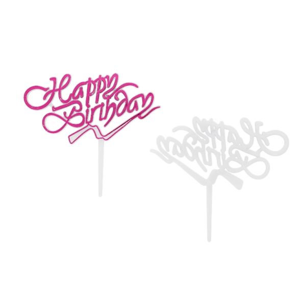 MATERIALS FOR CRAFT AND DECORATION - TOPPER FROM PLASTIC - HAPPY BIRTHDAY 02 - 8x7.5cm - CYCLAMEN AND WHITE - PACKAGE 25pcs.