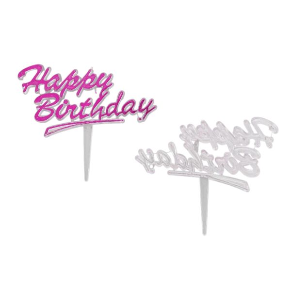 MATERIALS FOR CRAFT AND DECORATION - TOPPER FROM PLASTIC - HAPPY BIRTHDAY 03 - 7.7x6cm - CYCLAMEN - PACKAGE 25pcs.