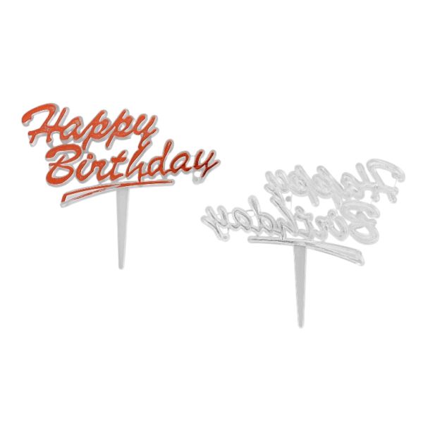 MATERIALS FOR CRAFT AND DECORATION - TOPPER FROM PLASTIC - HAPPY BIRTHDAY 03 - 7.7x6cm - RED - 5pcs.