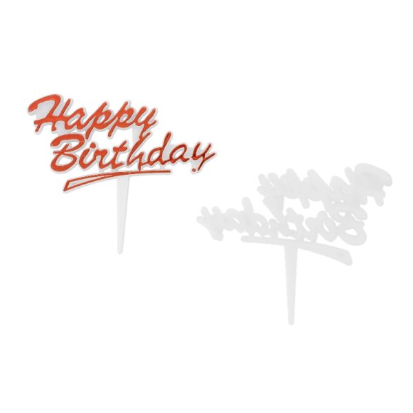 MATERIALS FOR CRAFT AND DECORATION - TOPPER FROM PLASTIC - HAPPY BIRTHDAY 03 - 7.7x6cm - RED AND WHITE - 5pcs.