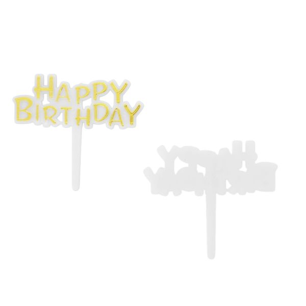 MATERIALS FOR CRAFT AND DECORATION - TOPPER FROM PLASTIC - HAPPY BIRTHDAY 04 - 6.5x5.5cm - GOLD AND WHITE - PACKAGE 25pcs.