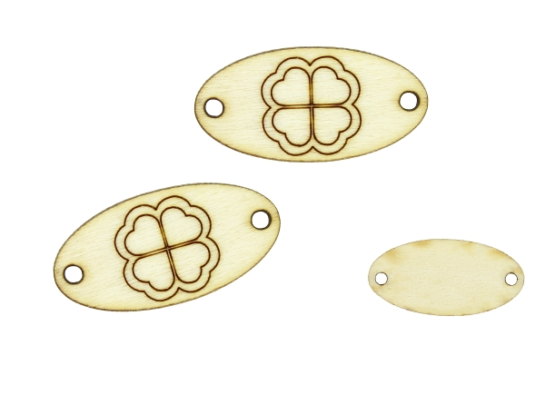 LASER CUT WOODEN FIGURES - ELLIPSE 30x15mm - CLOVER WITH CONTOUR - NATURAL - PACKAGE 100pcs. Hole-2.0mm