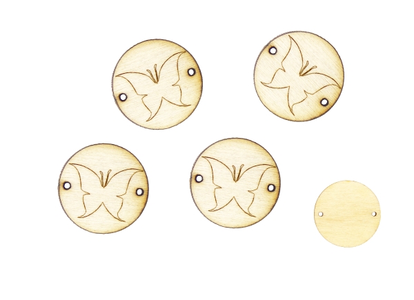 LASER CUT WOODEN FIGURES - ROUND 20mm - BUTTERFLY 01 - NATURAL - PACKAGE 100pcs. Hole-1.5mm