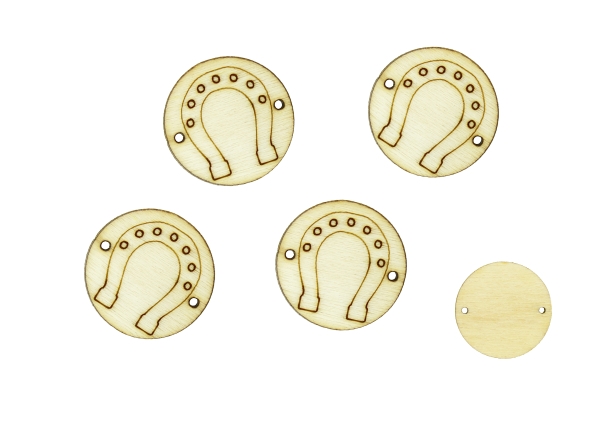 LASER CUT WOODEN FIGURES - ROUND 20mm - HORSESHOE - NATURAL - PACKAGE 100pcs. Hole-1.5mm