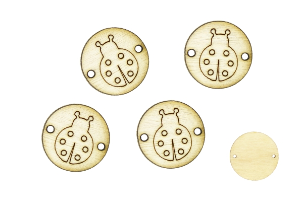 LASER CUT WOODEN FIGURES - ROUND 20mm - LADYBUG - NATURAL - PACKAGE 100pcs. Hole-1.5mm