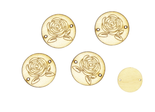 LASER CUT WOODEN FIGURES - ROUND 20mm - ROSE - NATURAL - PACKAGE 100pcs. Hole-1.5mm