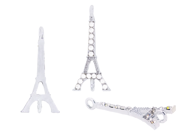 METAL - CHARMS CONNECTOR 2 HOLES UV COATING WITH CRYSTALS - EIFFEL TOWER 01 - 33x15x2mm SILVER COLOR AND WHITE - 1pc. Hole-2.5mm