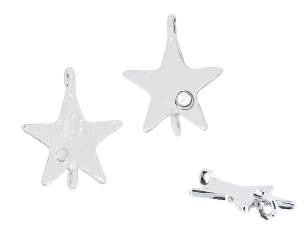 METAL - CHARMS CONNECTOR 2 HOLES UV COATING WITH CRYSTALS - STAR 01 - 21x17x2.5mm SILVER COLOR AND WHITE - PACKAGE 20pcs. Hole-2.0mm