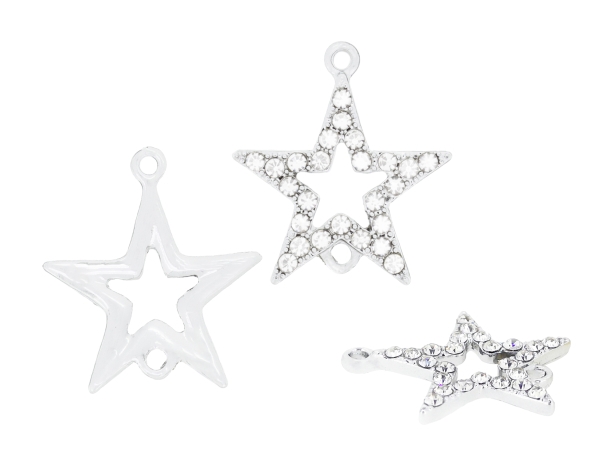 METAL - CHARMS CONNECTOR 2 HOLES UV COATING WITH CRYSTALS - STAR 02 - 20x18x2mm SILVER COLOR AND WHITE - PACKAGE 20pcs. Hole-1.5mm