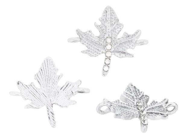 METAL - CHARMS CONNECTOR 2 HOLES UV COATING WITH CRYSTALS - MAPLE LEAF 01 - 23x21x2mm SILVER COLOR AND WHITE - PACKAGE 20pcs. Hole-2.2mm