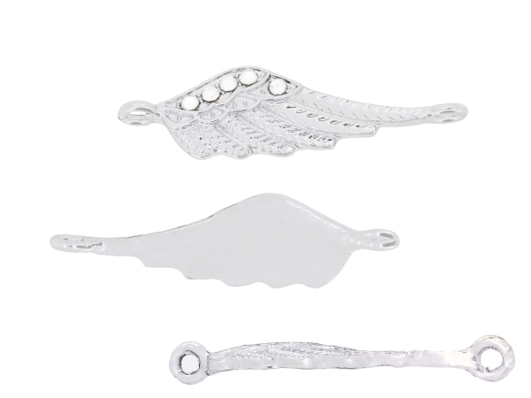 METAL - CHARMS CONNECTOR 2 HOLES UV COATING WITH CRYSTALS - WING 01 - 35x10x2mm SILVER COLOR AND WHITE - PACKAGE 20pcs. Hole-2.2mm