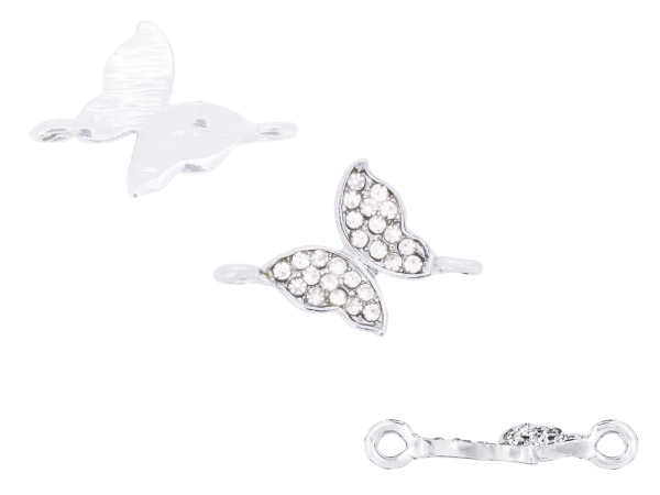 METAL - CHARMS CONNECTOR 2 HOLES UV COATING WITH CRYSTALS - BUTTERFLY 01 - 22x15x2mm SILVER COLOR AND WHITE - PACKAGE 20pcs. Hole-2.0mm