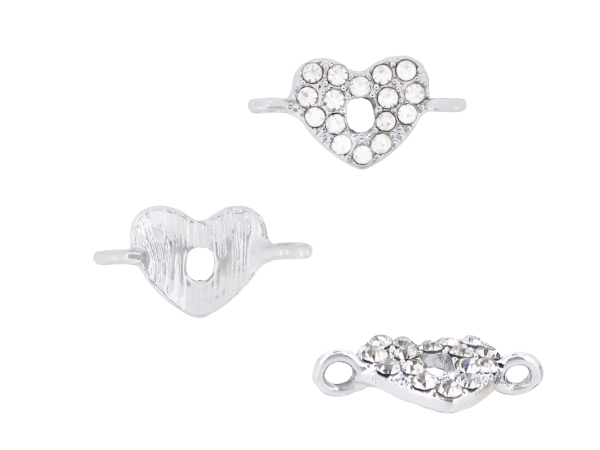 METAL - CHARMS CONNECTOR 2 HOLES UV COATING WITH CRYSTALS - HEART 01 - 19x10x2.5mm SILVER COLOR AND WHITE - PACKAGE 20pcs. Hole-2.2mm