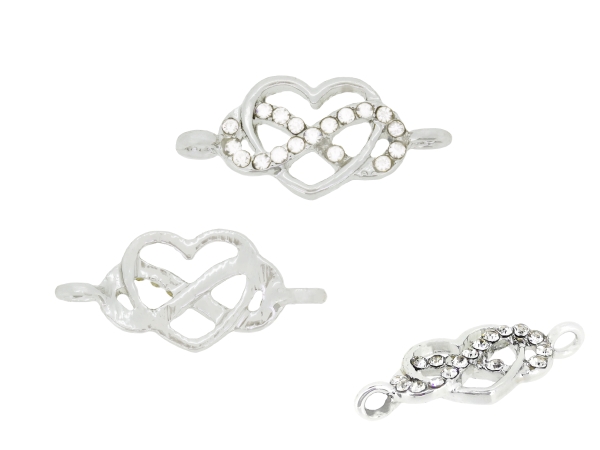 METAL - CHARMS CONNECTOR 2 HOLES UV COATING WITH CRYSTALS - HEART WITH INFINITY 01 - 23x11x2.5mm SILVER COLOR AND WHITE - PACKAGE 20pcs. Hole-2.0mm