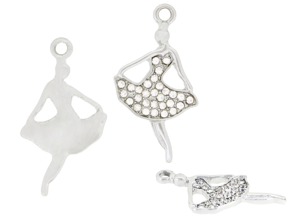 METAL - CHARMS PENDANT 1 HOLE UV COATING WITH CRYSTALS - BALLET DANCER 01 - 18x32x2mm SILVER COLOR AND WHITE - PACKAGE 20pcs. Hole-2.5mm