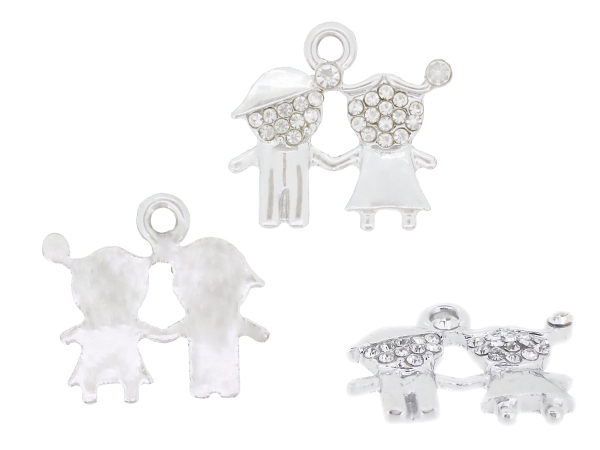 METAL - CHARMS PENDANT 1 HOLE UV COATING WITH CRYSTALS - CHILDREN 01 - 20x18x2mm SILVER COLOR AND WHITE - PACKAGE 20pcs. Hole-2.2mm