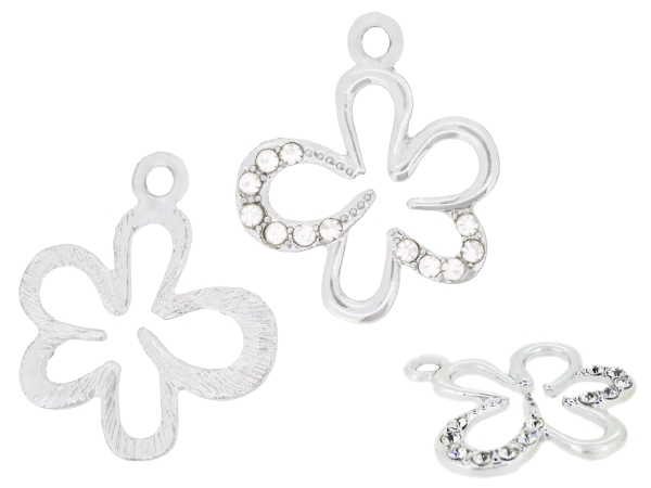 METAL - CHARMS PENDANT 1 HOLE UV COATING WITH CRYSTALS - FLOWERS 01 - 24x28x2mm SILVER COLOR AND WHITE - PACKAGE 20pcs. Hole-2.5mm