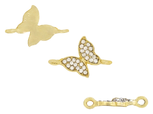 METAL - CHARMS CONNECTOR 2 HOLES UV COATING WITH CRYSTALS - BUTTERFLY 01 - 22x15x2mm GOLD COLOR AND WHITE - PACKAGE 20pcs. Hole-2.0mm