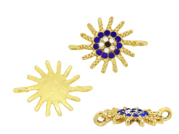 METAL - CHARMS CONNECTOR 2 HOLES UV COATING WITH CRYSTALS - SUN EYE 01 - 23x17x2mm GOLD COLOR WITH WHITE AND BLUE - 1pc. Hole-2.0mm