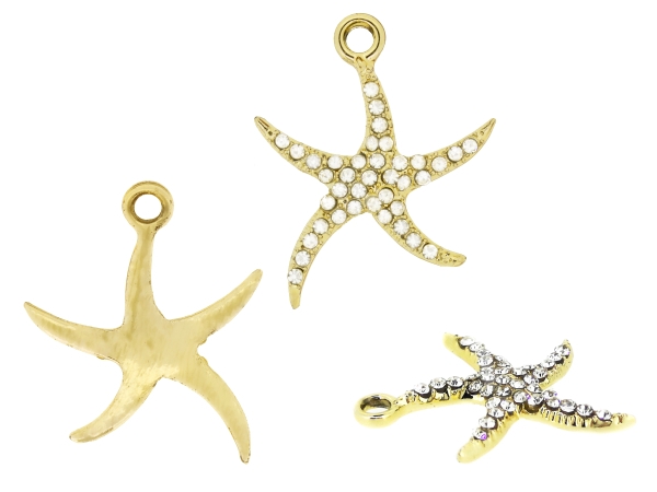 METAL - CHARMS PENDANT 1 HOLE UV COATING WITH CRYSTALS - STARFISH 01 - 21x26x2.5mm GOLD COLOR AND WHITE - PACKAGE 20pcs. Hole-2.5mm