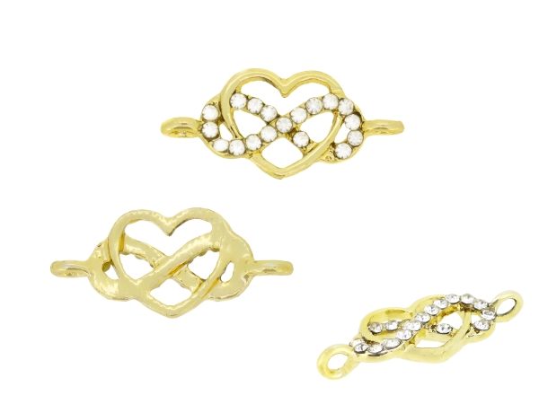 METAL - CHARMS CONNECTOR 2 HOLES UV COATING WITH CRYSTALS - HEART WITH INFINITY 01 - 23x11x2.5mm GOLD COLOR AND WHITE - PACKAGE 20pcs. Hole-2.0mm