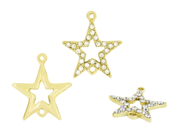 METAL - CHARMS CONNECTOR 2 HOLES UV COATING WITH CRYSTALS - STAR 02 - 20x18x2mm GOLD COLOR AND WHITE - 1pc. Hole-1.5mm