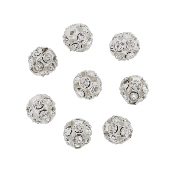 METAL BEADS - RHINESTONE HOLLOW ROUND BEADS - BALL - 10mm SILVER COLOR WITH WHITE - PACKAGE 50pcs. Hole-1.5mm