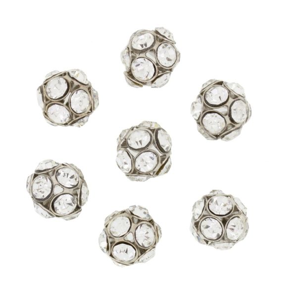METAL BEADS - RHINESTONE HOLLOW ROUND BEADS - BALL 02 - 12mm NICKEL COLOR WITH WHITE - PACKAGE 50pcs.