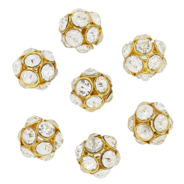 METAL BEADS - RHINESTONE HOLLOW ROUND BEADS - BALL 02 - 14mm GOLD COLOR WITH WHITE - PACKAGE 40pcs.