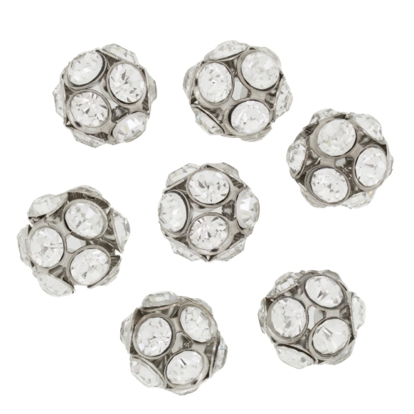 METAL BEADS - RHINESTONE HOLLOW ROUND BEADS - BALL 02 - 14mm NICKEL COLOR WITH WHITE - PACKAGE 40pcs.