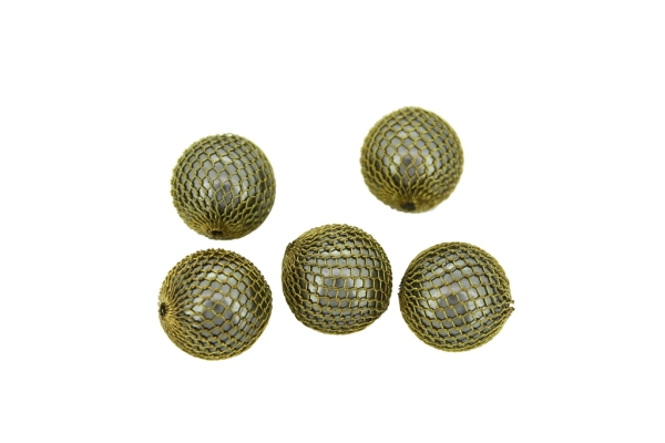 METAL BEADS - WIRE YARN - BRASS MESH WRAPPING WITH WHITE PLASTIC BEADS  - 18 MM ANTIQUE BRONZE - 6pcs. Hole:2.0mm