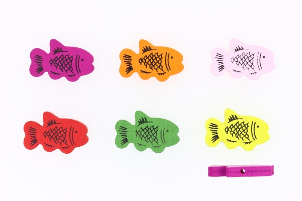 WOODEN FIGURES - 01 FISH 02 - 18x29x5mm MIX - PACKAGE 150pcs. Hole-2.5mm