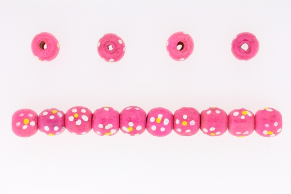 WOODEN BALL BEADS - WITH FLOWER SHAPE PAINTED - 13x14mm PINK (DARK) - PACKAGE 250g (330pcs.) Hole-4.0mm