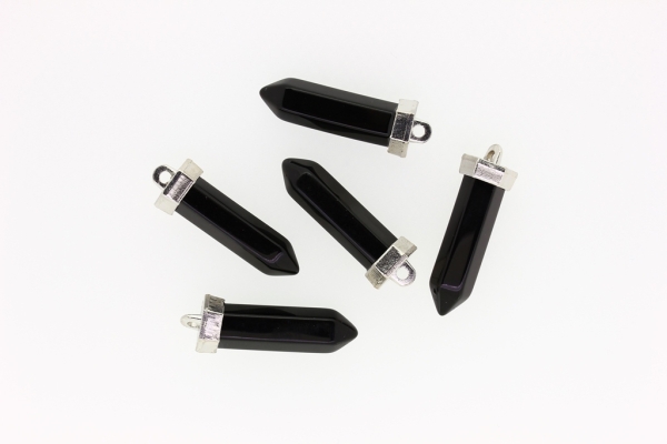 NATURAL STONE PENDANT - HEXAGON - 38x10mm - ONYX BLACK - SILVER HARDWARE - PACKAGE 5pcs. Hole-2.5mm