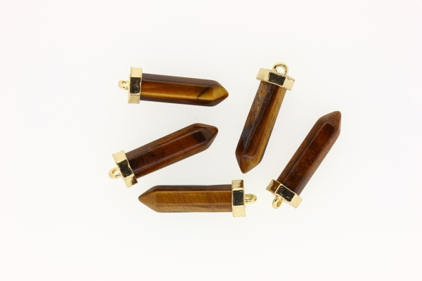 NATURAL STONE PENDANT - HEXAGON - 38x10mm - TIGER'S EYE - GOLD HARDWARE - PACKAGE 5pcs. Hole-2.5mm