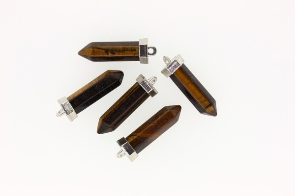 NATURAL STONE PENDANT - HEXAGON - 38x10mm - TIGER'S EYE - SILVER HARDWARE - PACKAGE 5pcs. Hole-2.5mm