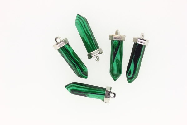 NATURAL STONE PENDANT - HEXAGON - 38x10mm - MALACHITE - SILVER HARDWARE - PACKAGE 5pcs. Hole-2.5mm