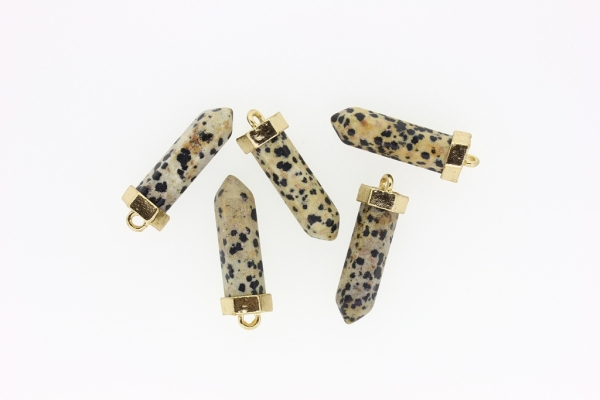 NATURAL STONE PENDANT - HEXAGON - 38x10mm - JASPER DALMATIAN - GOLD HARDWARE - PACKAGE 5pcs. Hole-2.5mm