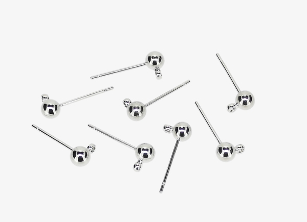 METAL ELEMENTS - EARRING FINDINGS - HANGING - ROUND POST STUD - BRASS - 4mm NICKEL COLOR - NICKEL FREE - 100pcs. Hole-1.5mm