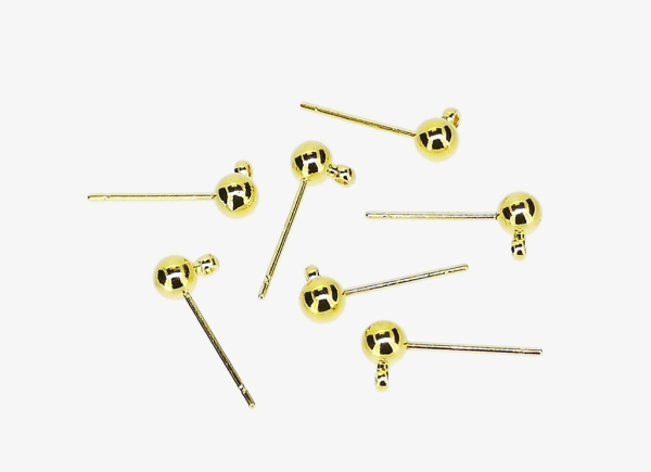 METAL ELEMENTS - EARRING FINDINGS - HANGING - ROUND POST STUD - BRASS - 4mm GOLD COLOR - NICKEL FREE - 100pcs. Hole-1.5mm