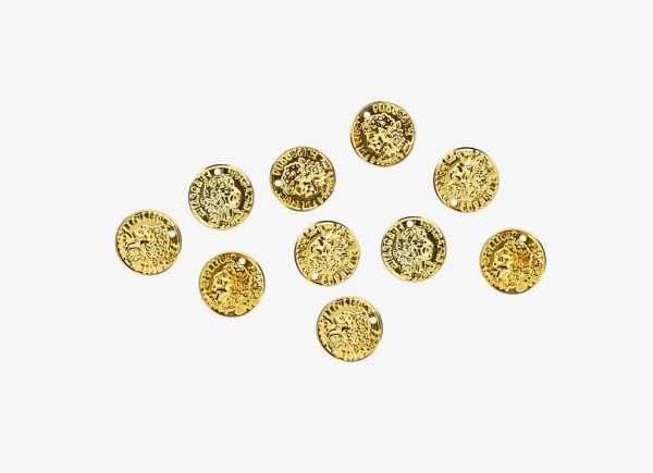 METAL ELEMENTS - IMITATION COIN FOR JEWELRY - 15mm - MODEL 02 - GOLD COLOR -  NICKEL FREE - 1000pcs. Hole-1.5mm