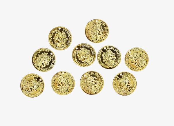 METAL ELEMENTS - IMITATION COIN FOR JEWELRY - 18mm - MODEL 02 - GOLD COLOR -  NICKEL FREE - 100pcs. Hole-1.5mm